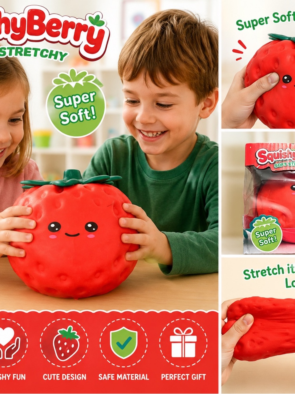 SquishyBerry Red Stretchy Strawberry Plush - Super Soft